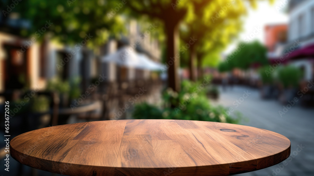 Empty wooden table of a summer cafe on a background of beautiful green trees Empty wooden table of a summer cafe on a background of beautiful green trees