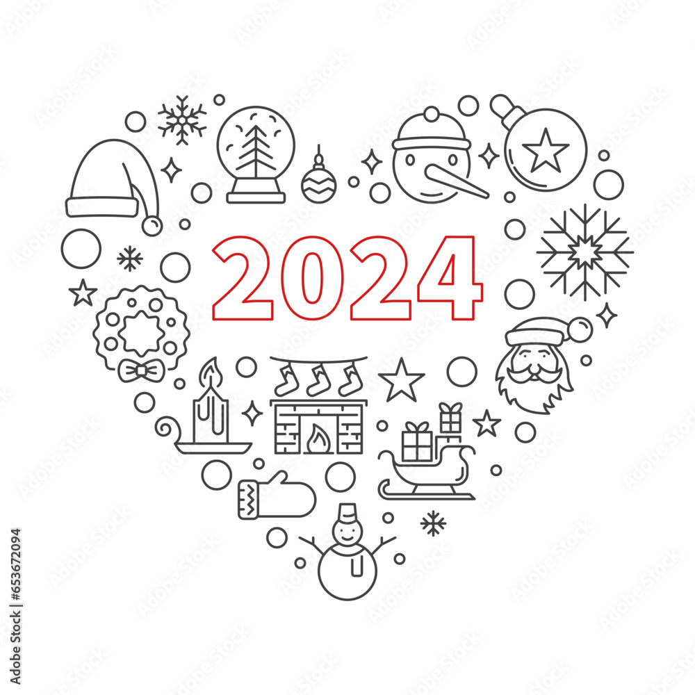 2024 Happy New Year outline heart shaped banner - vector Xmas Heart illustration 2024 Happy New Year outline heart shaped banner - vector Xmas Heart illustration