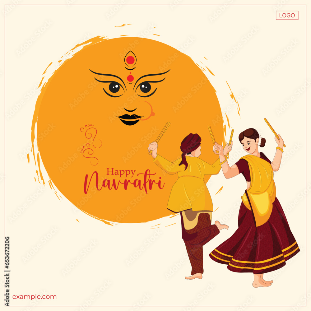 Obraz premium Garba Night poster for Navratri Dussehra festival of India. vector illustration of peoples playing Dandiya dance. 