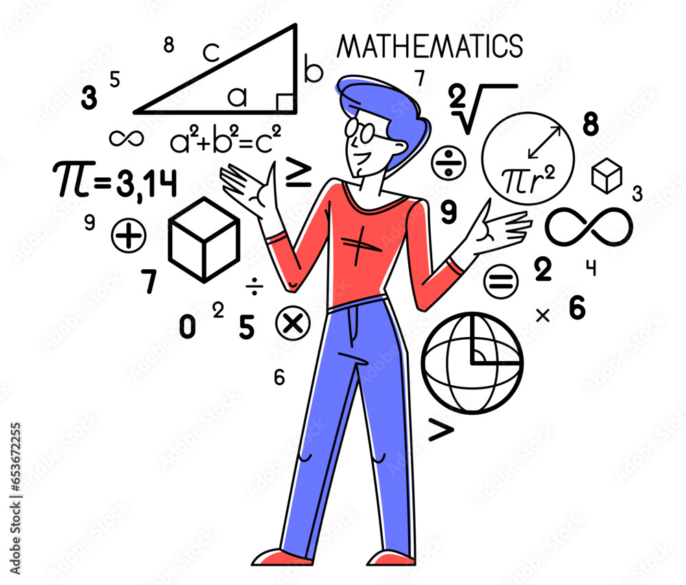 Mathematics education vector with student learning math or teacher explaining lesson, mathematician working on some theoretical science. Mathematics education vector with student learning math or teacher explaining lesson, mathematician working on some theoretical science.