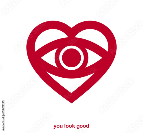 You look great concept cheerful greeting vector design element, compliment stylish retro design created with heart and eye, creative icon or logo, dating valentine day theme.