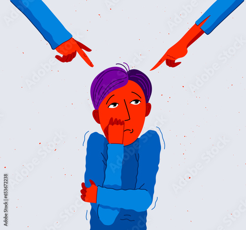 Adult man and woman blames and shames young man or teenager boy, vector concept of shaming and blaming manipulations by people who have authority and power.