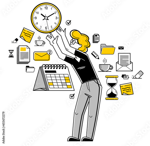 Obraz na plátně Business worker planning tasks and create time management vector outline illustration, productivity multitask prioritization, deadline and zero hour
