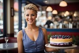 Young female waitress presents a piece of colorful cake with blueberries and marzipan inside restaurant background. Generative Ai.