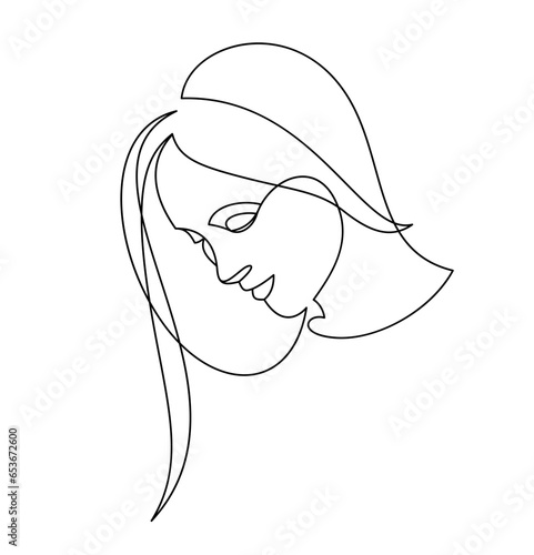 Beautiful face of attractive woman vector linear drawing, sensitive emotional line art adult girl portrait, feminine abstract face line art.