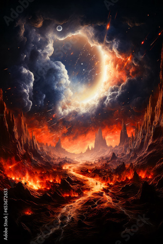 Image of fire and lava landscape with moon in the sky.