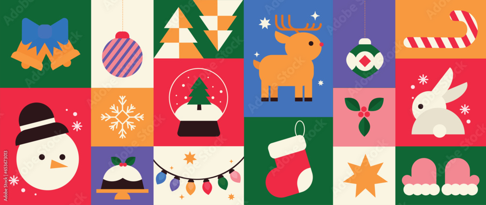 Merry Christmas and happy new year pattern background vector. Decorative elements of snowman, bell, reindeer, rabbit, socks. Design for banner, card, cover, poster, advertising.wallpaper, packaging. Merry Christmas and happy new year pattern background vector. Decorative elements of snowman, bell, reindeer, rabbit, socks. Design for banner, card, cover, poster, advertising.wallpaper, packaging.