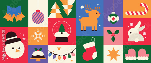 Merry Christmas and happy new year pattern background vector. Decorative elements of snowman, bell, reindeer, rabbit, socks. Design for banner, card, cover, poster, advertising.wallpaper, packaging.
