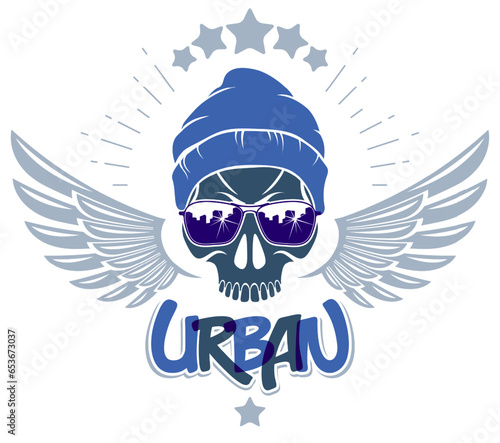 Skull in sunglasses and hat, urban theme vector logo or emblem, gangster or thug illustration, anarchy chaos hooligan, ghetto theme.