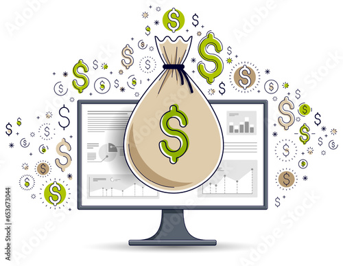 Money bag over computer mon...