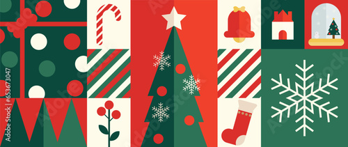 Merry Christmas and happy new year pattern background vector. Decorative elements of bauble, tree, snowflake, socks, candy. Design for banner, card, cover, poster, advertising.wallpaper, packaging.