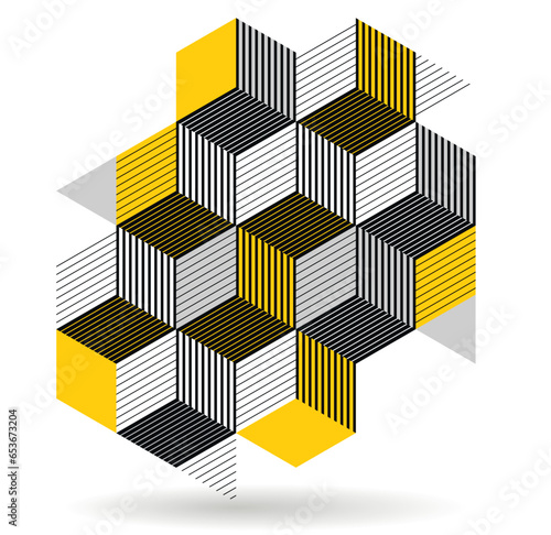 Black and yellow geometric vector abstract background with cubes and shapes, isometric 3D abstraction art displaying city buildings forms look like, op art optical illusion.