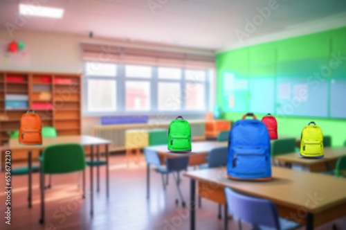Interior of stylish classroom with children's backpacks, AI generated image
