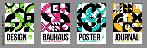 Abstract geometric posters and covers set, vector background pattern magazine or catalog templates, technic style geometric shapes composition.