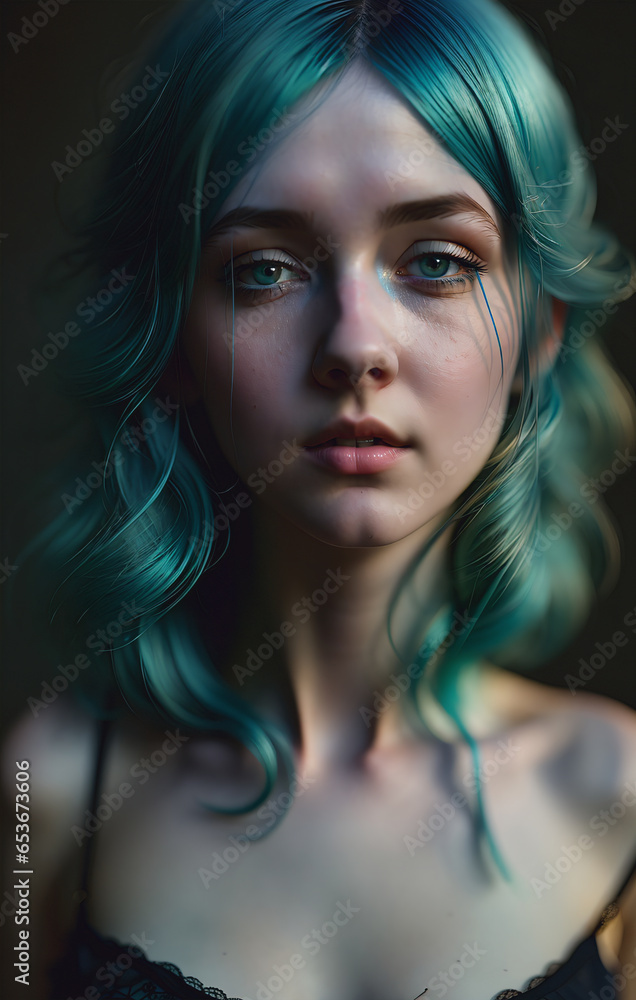Portrait of a beautiful young woman with green hair and green eyes Portrait of a beautiful young woman with green hair and green eyes