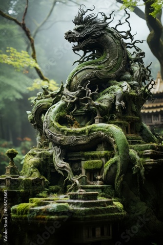 Dragon coiled around an ancient, moss-covered tree in a mystical forest, Generative AI © Shooting Star Std