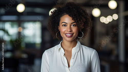 Portrait of beautiful young professional african-american woman, businesswoman smiling in office in office with, folded arms and confident expression. Generation AI