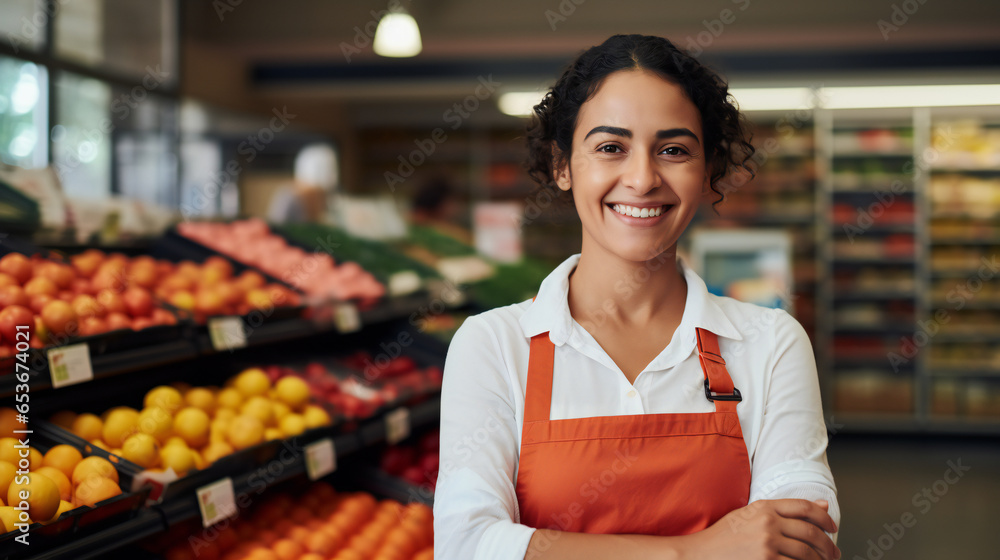 Close up portrait  of  female employee working in grocery store with smile on face standing in supermarket and looking at camera, with fruits on the shelf of supermarket as background Generation AI - obrazy, fototapety, plakaty 