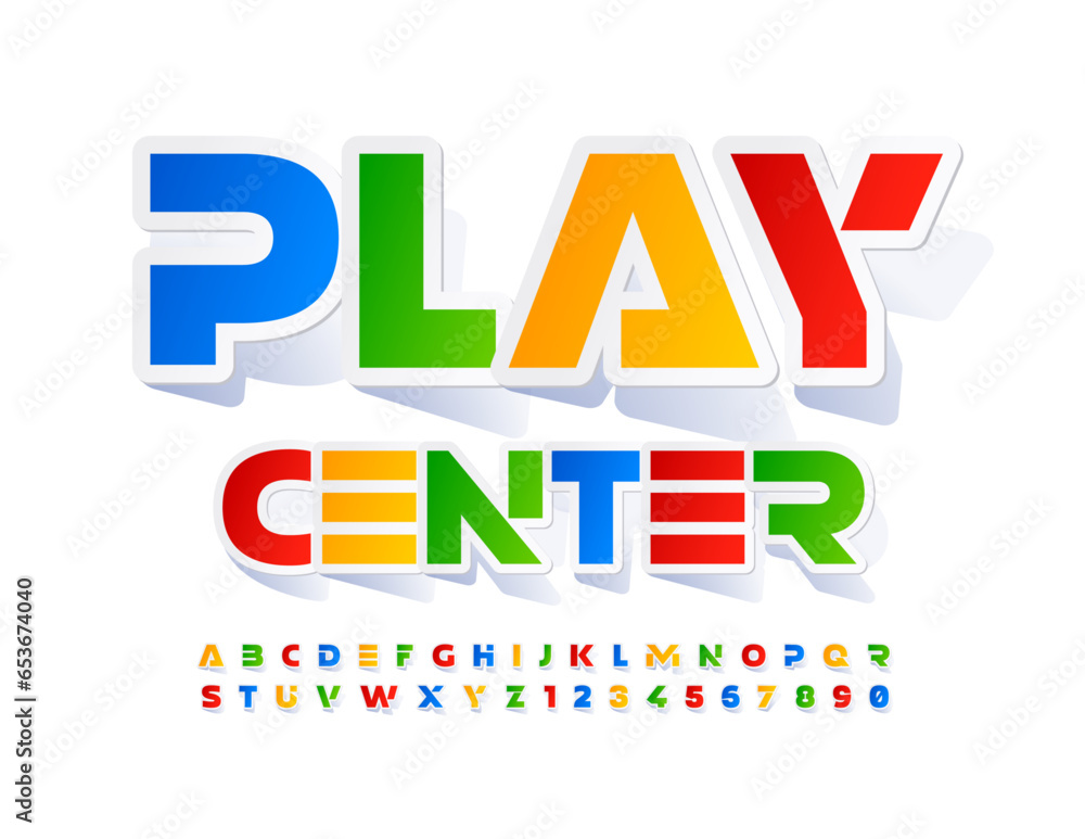 Vector creative sign Play Center. Colorful sticker Font. Futuristic style Alphabet Letters and Numbers set