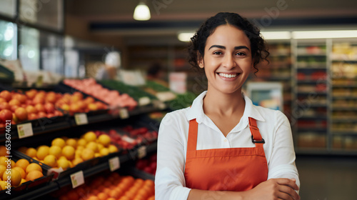 Close up portrait  of  female employee working in grocery store with smile on face standing in supermarket and looking at camera, with fruits on the shelf of supermarket as background Generation AI © Bogdan