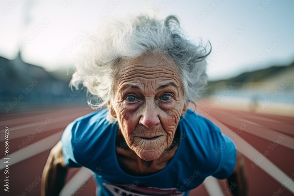Close-up portrait photography of a determined old woman running on an athletics track. With generative AI technology Close-up portrait photography of a determined old woman running on an athletics track. With generative AI technology