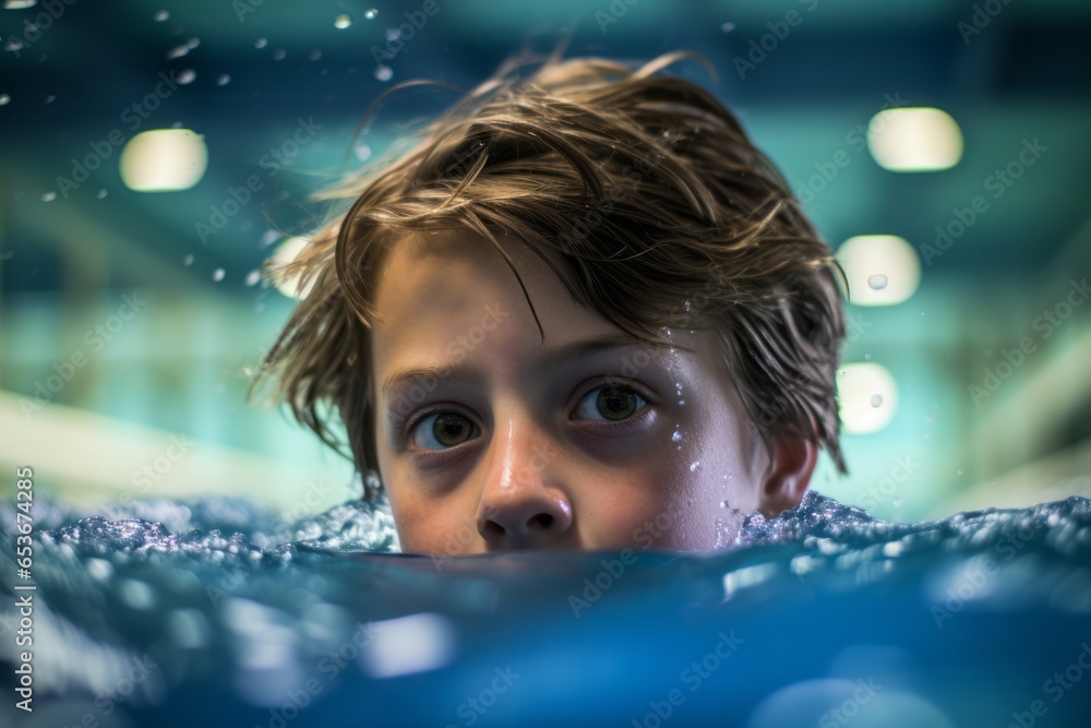 Lifestyle portrait photography of a tired boy in his 30s swimming in an olympic pool. With generative AI technology