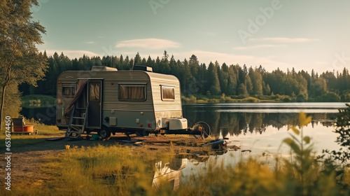 Trailer of mobile home, or recreational vehicle standing on the shore of a pond. Camping in the nature