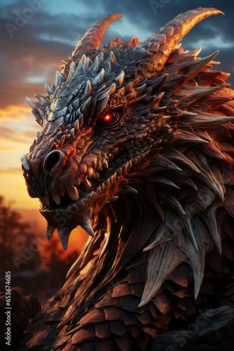 Dragon s silhouette against a vivid sunset  creating a majestic and mythical scene  Generative AI