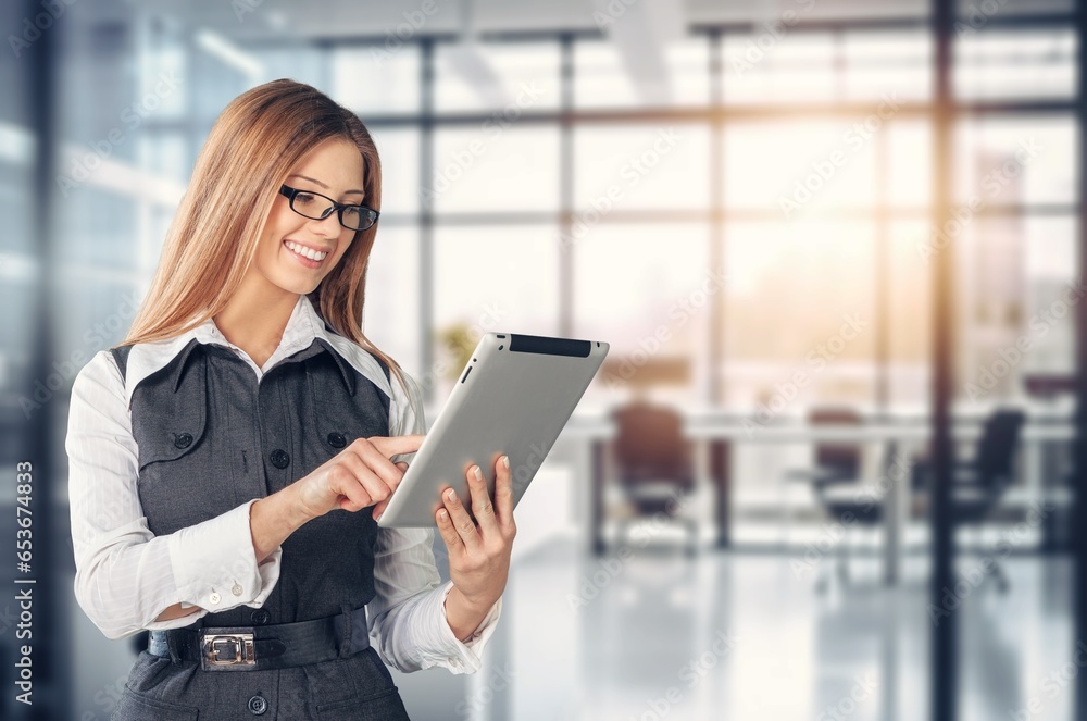 Portrait of happy business woman in office, AI generated image Portrait of happy business woman in office, AI generated image