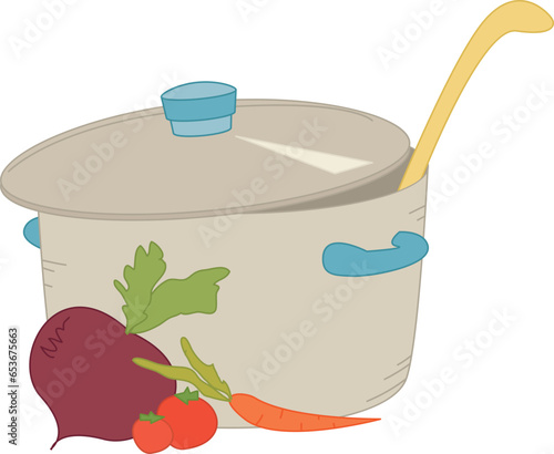 Colorful illustration of a pot with borsch or soup and vegetables nearby. Vector picture isolated on white background.	