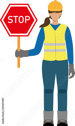 A hardworking woman holds a stop sign in her hand to instruct vehicles to come to a halt while roadwork is being conducted on the highway