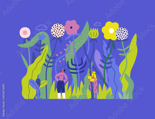 Greenery, ecology -modern flat vector concept illustration of tiny people in the grass, surrounded by plants and flowers. Metaphor of environmental sustainability and protection, closeness to nature
