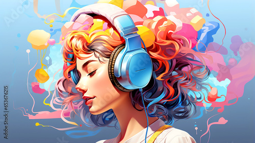 Digital art of an abstract haired young girl listening to music on headphones