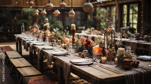 Boho Wedding Dining Setup with a Warm & Cozy Ambiance on a Long Wooden Table - Embodying Casual Non-Traditional Bohemian Celebrations. Generative AI.