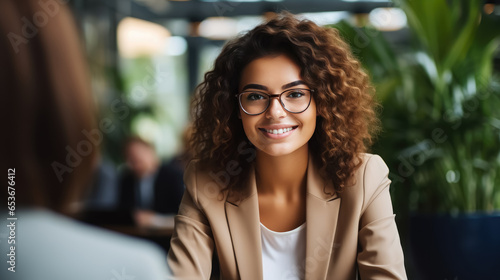 Portrait of young business woman smiling in modern office , Happy young woman working in coworking space