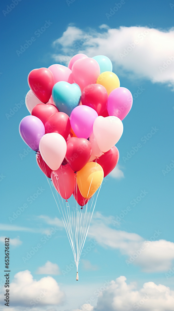 Skyward flight of heart-shaped balloons, a colorful and joyful declaration of love. Skyward flight of heart-shaped balloons, a colorful and joyful declaration of love.