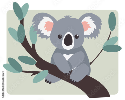 Cute cartoon koala on a tree branch. Flat vector design, illustration