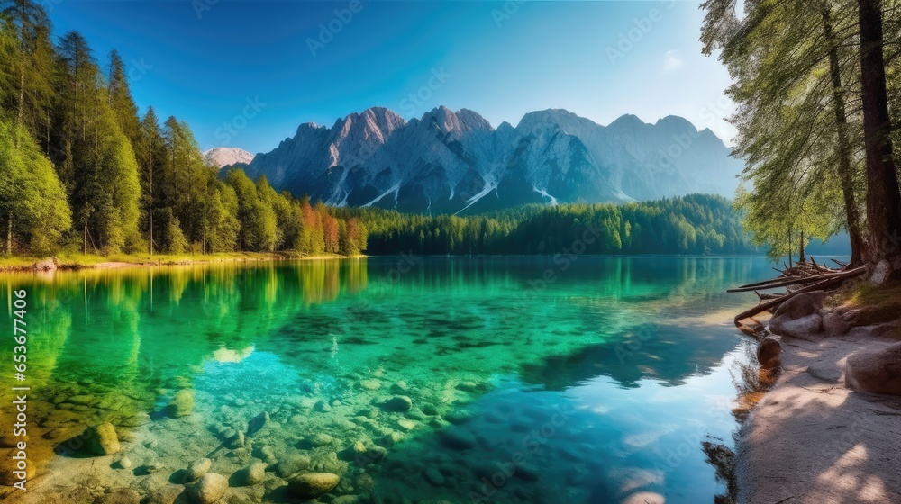 Colorful summer view of a serene lake. Bright morning scene of a majestic mountain. Generative AI.