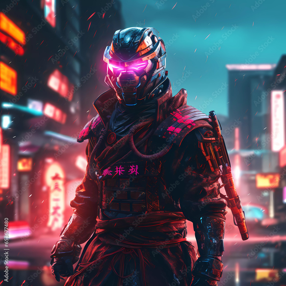 Epic Samurai Cyborg Character in Cyberpunk Style. Night light city bokeh on background. Retro wave vivid colors. Epic Samurai Cyborg Character in Cyberpunk Style. Night light city bokeh on background. Retro wave vivid colors.
