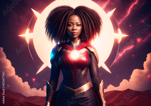 Fantasy portrait of a beautiful african american women in a red superhero costume.