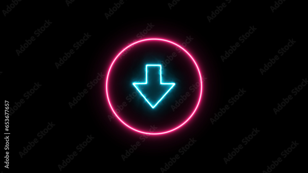 Green color neon arrow icon ,andblack background. down rosepink color circle, Green color neon arrow icon ,andblack background. down rosepink color circle,