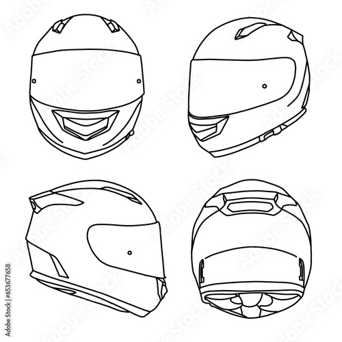 Technical sketch drawing of full face helmet line art, front, side, rear and isometric view, flat sketch, isolated on white background, suitable for your full face helmet, editable color