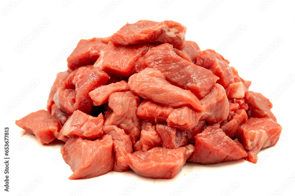 Veal cubed meat isolated on white background. Raw beef cubed with herbs and spices
