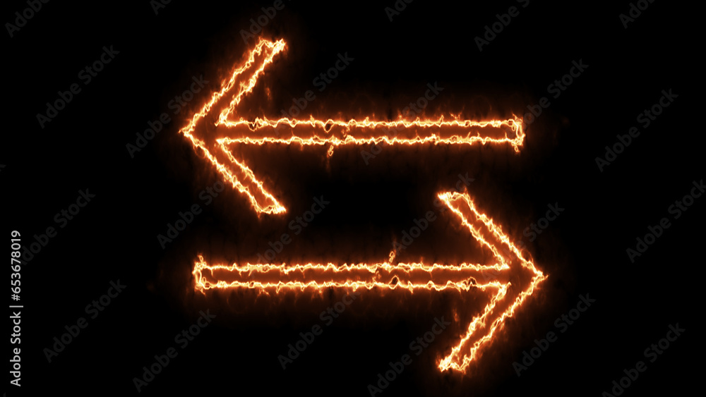 Double arrows with neon orange lines point in both directions . two left and right orange bright and colorful illuminated display arrows on black background. neon arrow icon. Double arrows with neon orange lines point in both directions . two left and right orange bright and colorful illuminated display arrows on black background. neon arrow icon.
