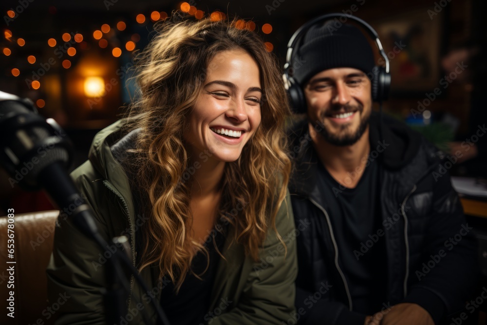 Podcasting duo sharing a laugh and a microphone while recording, Generative AI Podcasting duo sharing a laugh and a microphone while recording, Generative AI