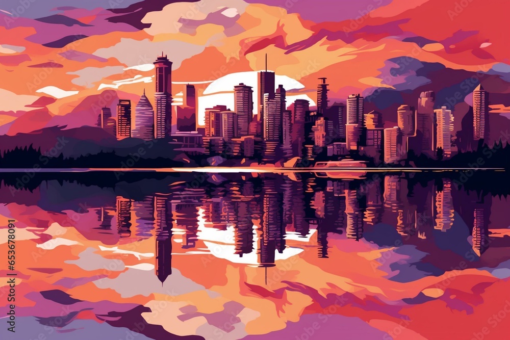 Naklejka premium Illustration of Vancouver skyline at sunset reflecting in water. Generative AI