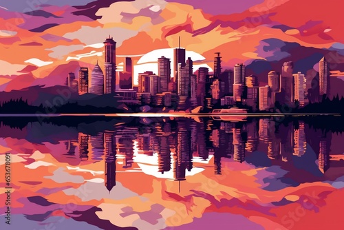Illustration of Vancouver skyline at sunset reflecting in water. Generative AI photo