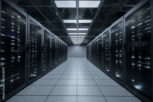 Panoramic view of active data center with rows of servers. Blinking emergency lights and computers in operation. Dim lighting. Generative AI © Thomas