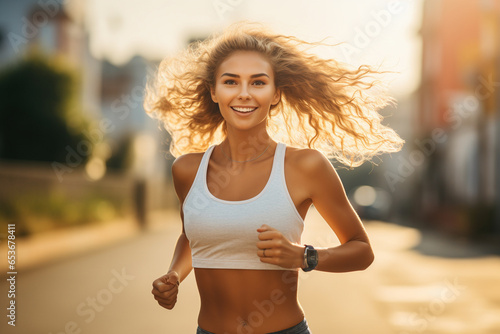 Joyful athletic girl enjoys outdoor jog, radiating health and happiness in nature.