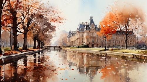 Beautiful watercolors of London city parks with trees.